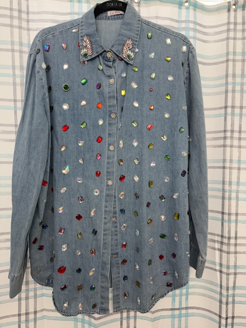 Women's Embellished Light Wash Denim Button-Down Shirt - Multicolor